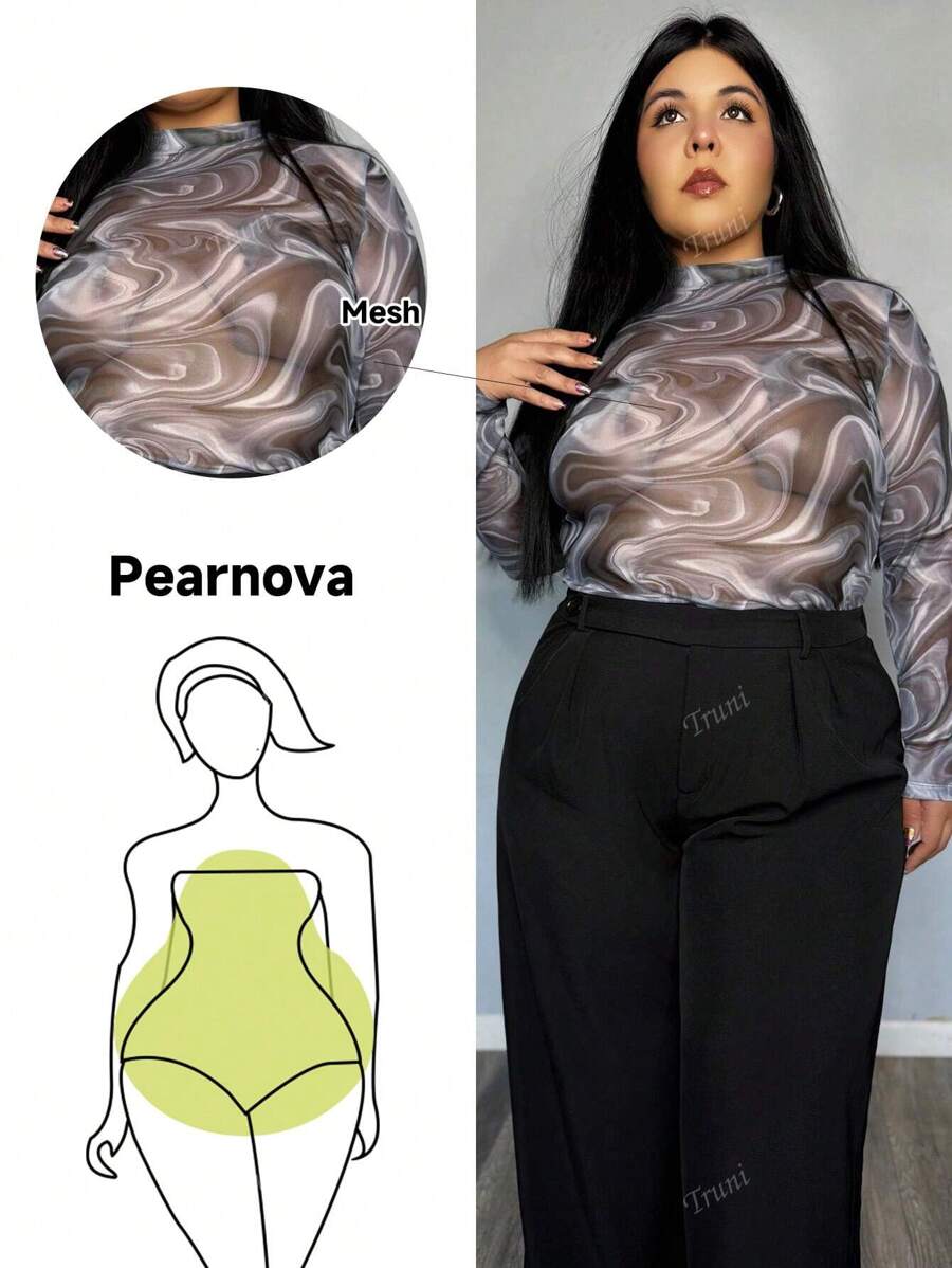 Truni Plus Marble Print Mock Neck Mesh Bodysuit Without Bra
