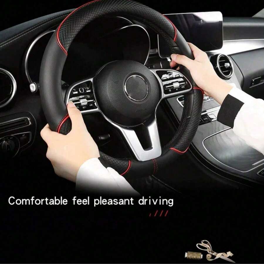 1pc PU Spliced Car Steering Wheel Cover Non-Slip Wear Resistant Suitable For All Seasons Fits 14.5-15in Diameter
