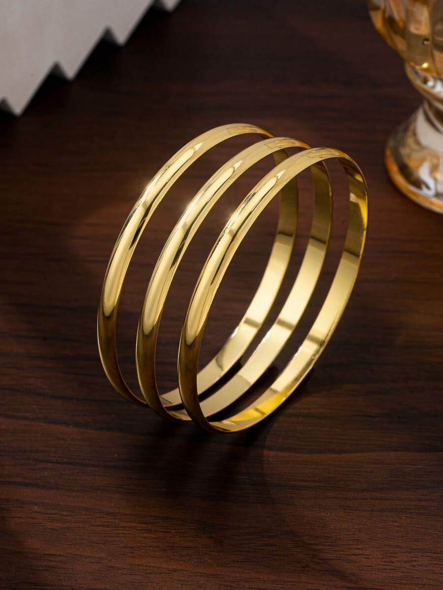 3 Pieces/Set Retro Simple 18K Gold-Plated Smooth Closed Bracelet Stack Suitable For Women's Daily Wear And Wedding Gifts
