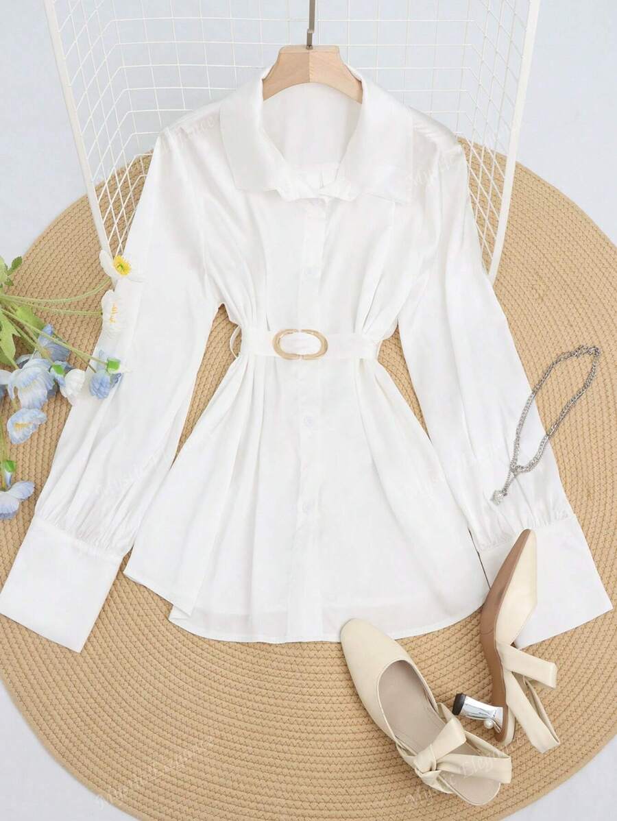 Women's Spring, Summer And Autumn Thin Satin Woven Non-Elastic Solid Color Loose Straight Shoulder Lapel Lantern Sleeve Long Sleeve Lace-Up Metal Decoration Slimming Casual Daily Elegant Commuter Graduation Season Valentine's Day Gift High-Grade French Light Luxury Professional Women's Shirt