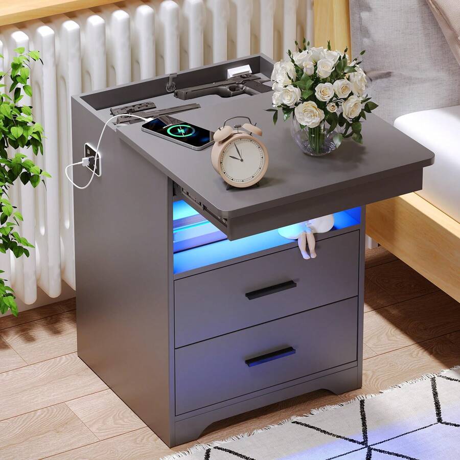 FREDEES Smart LED Nightstand With Hidden Drawer, Nightstand With Charging Station And 3 Colors Human Sensor Lights, Modern Bedside Table With Storage, Gray