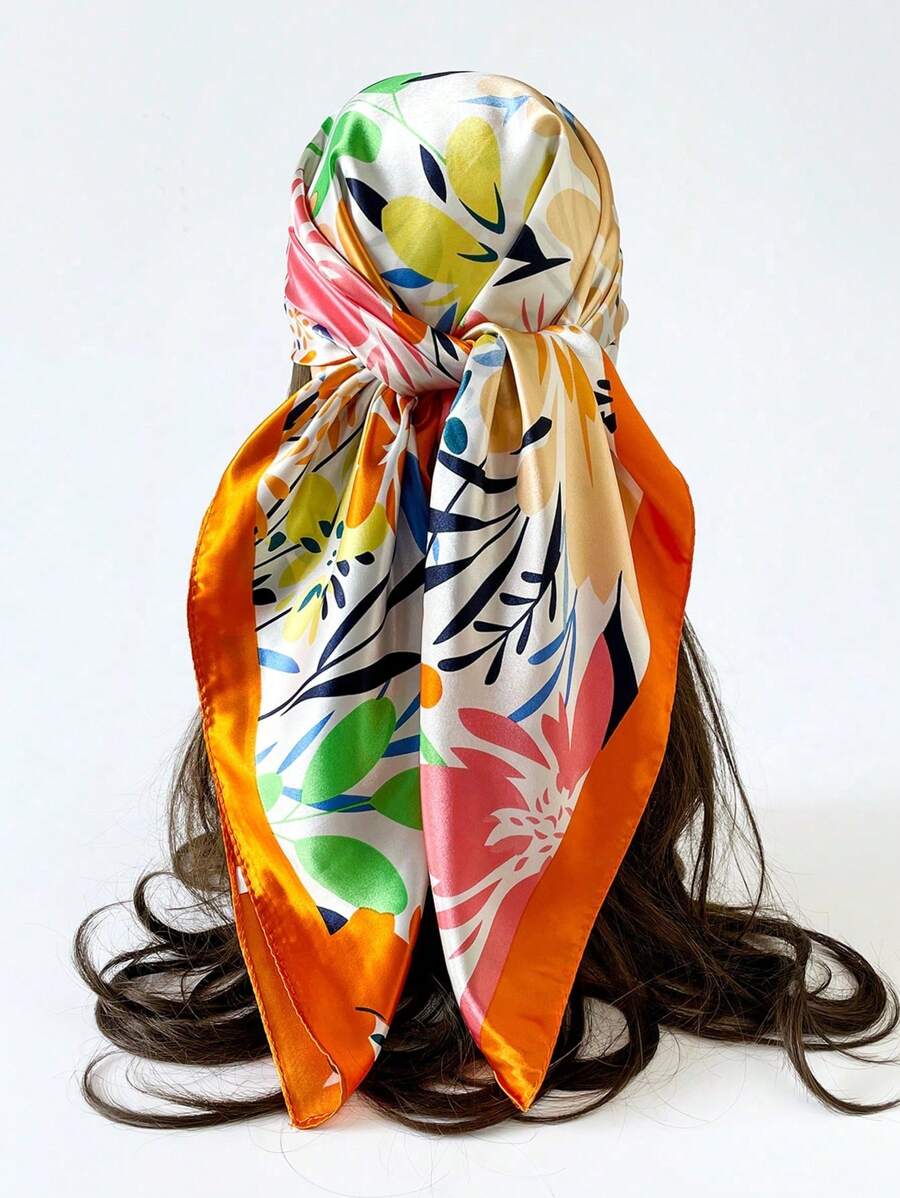 Boho 1 Pc 90cm Women's Floral Printed Square Scarf, Casual Sunscreen Head Wrap & Neck Scarf, Suitable For Nighttime Breast Wrapping, Sleeping And Daily Wear, Can Be Worn As A Square Scarf, Bandana, Headwrap Or Bandana Top