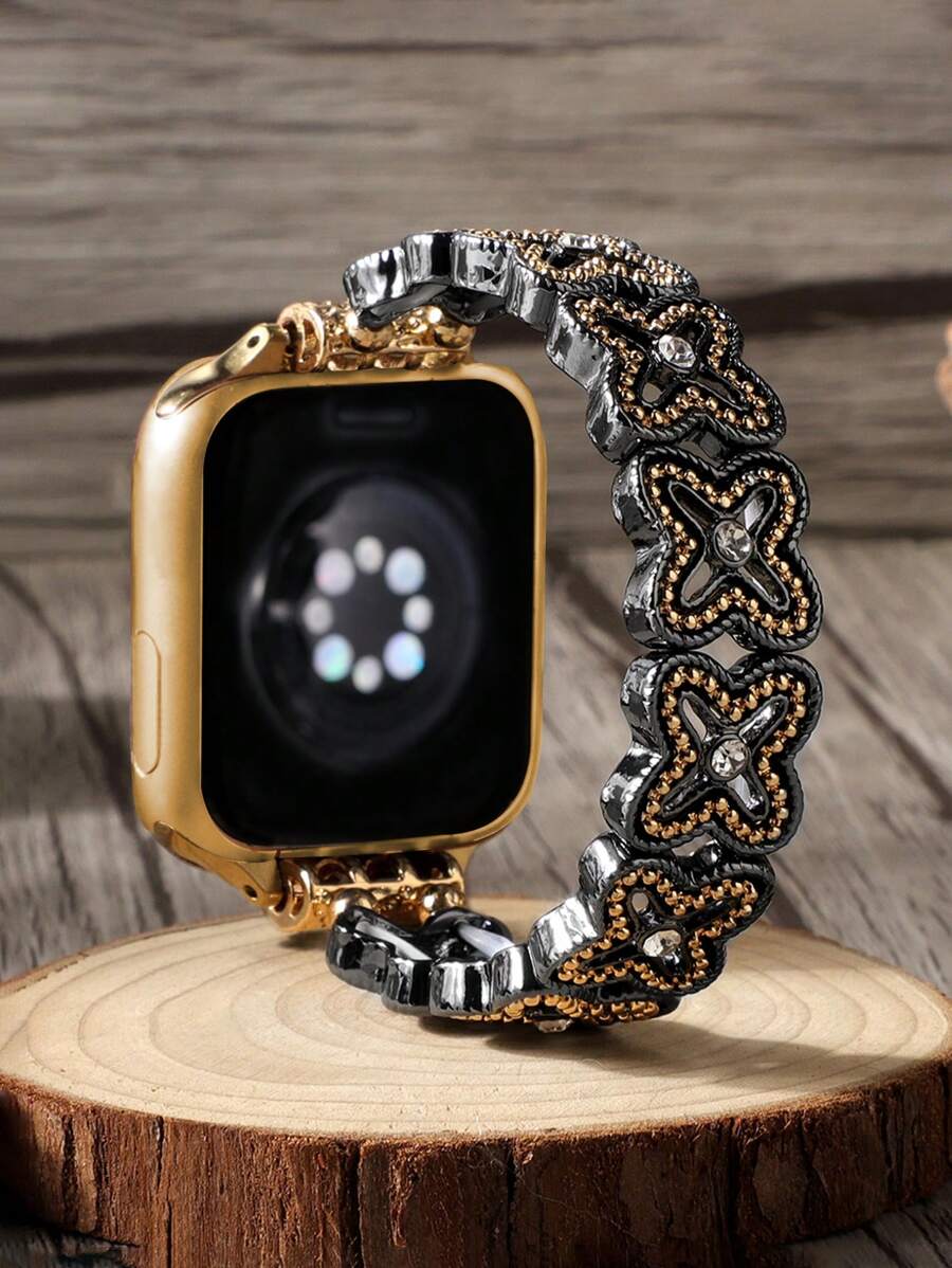 1pc Fashionable Classic Lucky Grass Zinc Alloy Elastic Bracelet Strap Compatible With Apple Watch Band 38/40/41/42/44/45/49/(S10 42)/(S10 46)Mm, Retro Elegant Simple Flower Rhinestone Zinc Alloy Bracelet Strap Is Compatible With Iwatch Band Ultra2/S10/SE/9/8/7/6/5/4/3/2/1Series, Bohemian Style Women Watchbands, Fine Women Fashion Watch Accessories, Smart Watch Strap/Band, Unique Personalized And Style Strap, Valentine's Day Mother's Day Gift