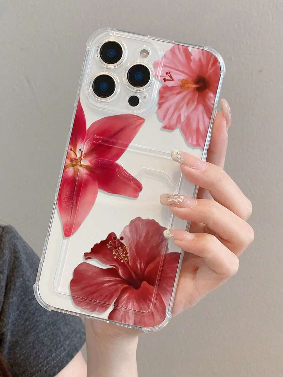 1pc Red Lily Flower Transparent Shockproof TPU Phone Case, Suitable As Holiday Gift Compatible With IPhone XS/XS Max/XR/11/12/13/14/15/16 Pro/Pro Max/14/15/16 Plus