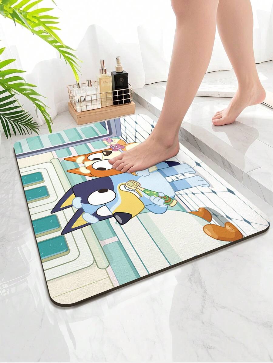 Bluey Bluey 1pc Soft Diatomaceous Earth Anti-Slip Absorbent Mat For Bathroom, With Blue Bluey Spring Cleaning Pattern Pattern, Washable Anti-Slip Carpet/Rug, Suitable For Living Room, Bedroom, Entryway, Kitchen, Bathroom, Game Room, Study