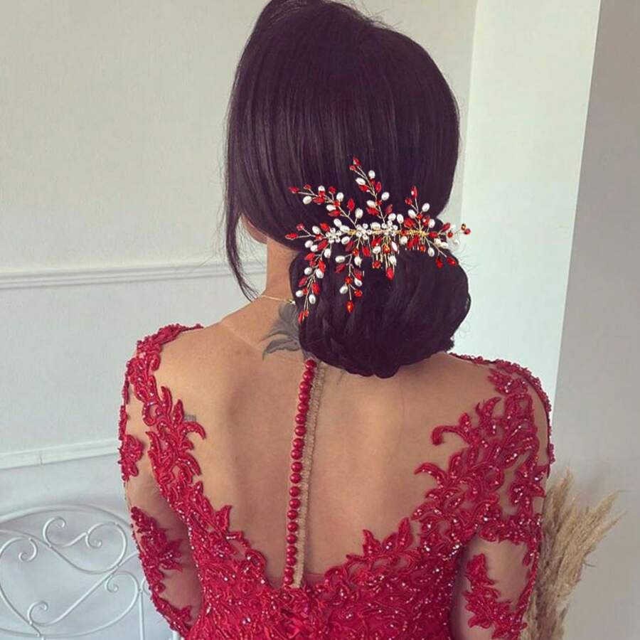 1pc Women's Red Rhinestone Hair Accessory, Bridal Headpiece, Hair Comb Headpiece For Wedding, Prom, Photo Shoot, Silver Crystal Decor, Suitable For Wedding, Engagement, Ball Gown, Bridal Dress