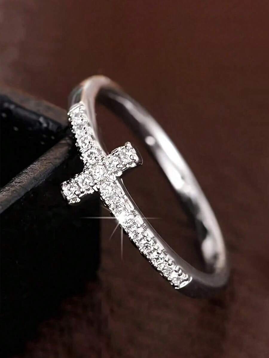 1pc Elegant Promise Ring, Fashion Cross Design With Shiny Cubic Zirconia, Engagement/Wedding Ring, Luxury Bridal Jewelry