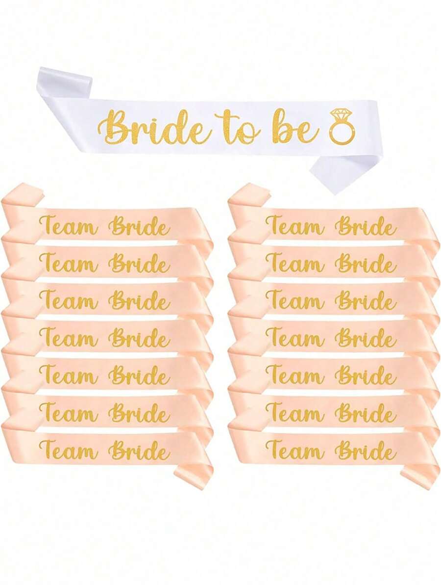 Set de 15 piezas de accesorios de despedida de soltera, que incluye 14 bandas para el equipo nupcial y 1 banda blanca de "Novia a ser", para decoración de fiesta de despedida de soltera, fiesta nupcial y eventos de boda. Contiene bandas de "Novia a ser" y "Equipo Novia" en color dorado impreso, ideales para eventos nupciales.