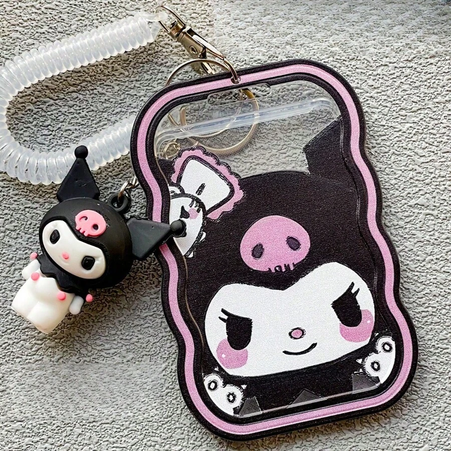 Sanrio Funda transparente suave y adorable de Kuromi para tarjeta de campus, tarjeta de estudiante, tarjeta de comida, tarjeta de acceso, tarjeta de autobús con cordón colgante, para hombre y mujer, útiles escolares, de vuelta al colegio