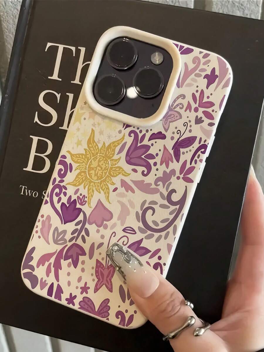 1 pieza Funda de teléfono con patrón de girasol morado y textura blanco a prueba de golpes compatible con Apple 16 15 14 13 12 11 Pro Max