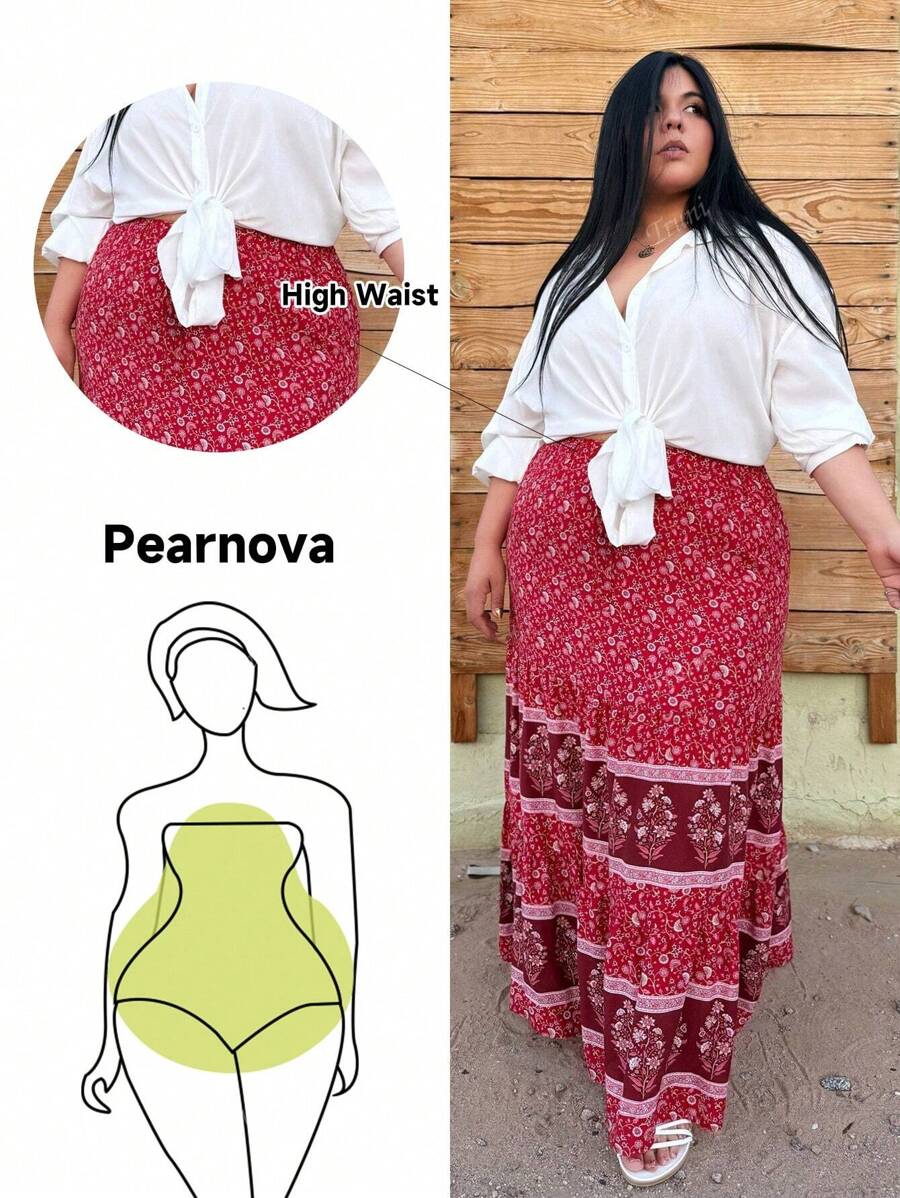 Truni Plus Size Holiday And Leisure Printed Splicing Long Skirt For New Year Clothes Maxi Women Outfit