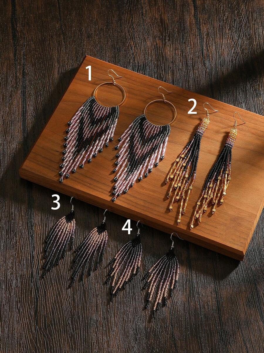 Brincos Artesanais Boho de Contas, Estilo Vintage Padrão Geométrico Degrade, Pingentes com Borla, Versáteis para Uso Diário/Férias de Mulheres, Presente Perfeito para Ela