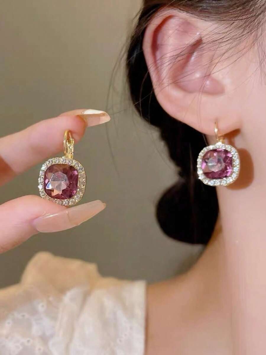 1 par de pendientes con rhinestones cuadrados, accesorios de moda de estilo coreano vintage con sensación de alta gama