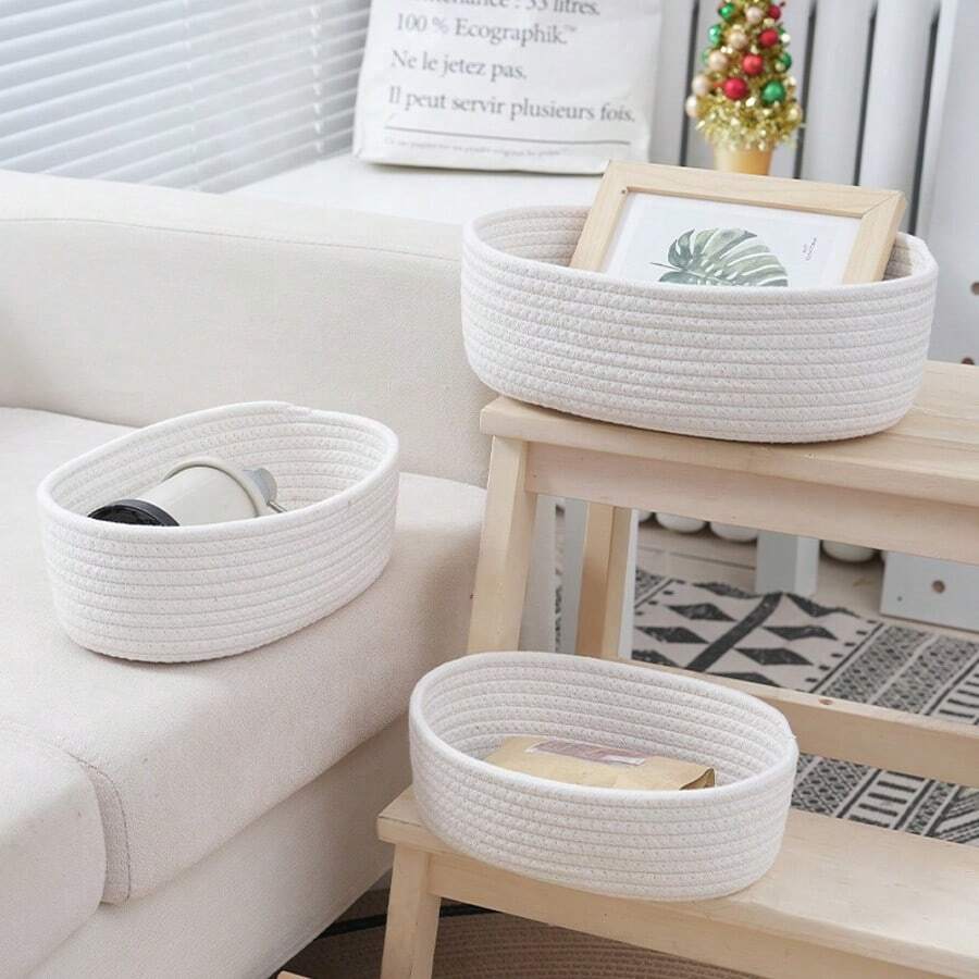 Cestino ovale intrecciato a mano, stile minimalista, di colore unico, adatto per sala, scrivania, snack, frutta, giocattoli, atrio, bagno, decorazione della casa, contenitore multiuso, cesto regalo