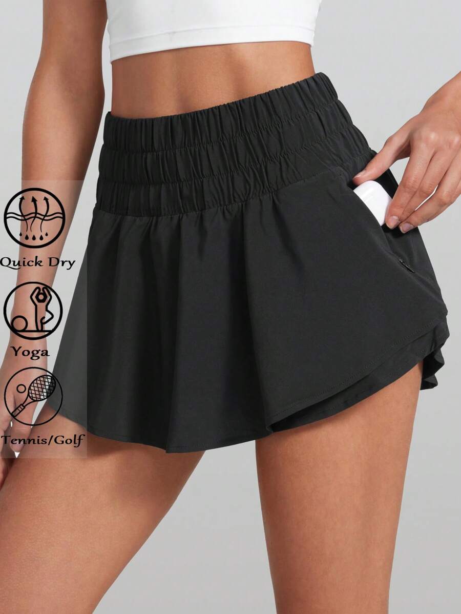 RUNONWHEELS 5 Short athlétique pour femme Taille haute Jupe à volants flottante Superposé pour Entraînement Course Tennis avec Poche Zippée