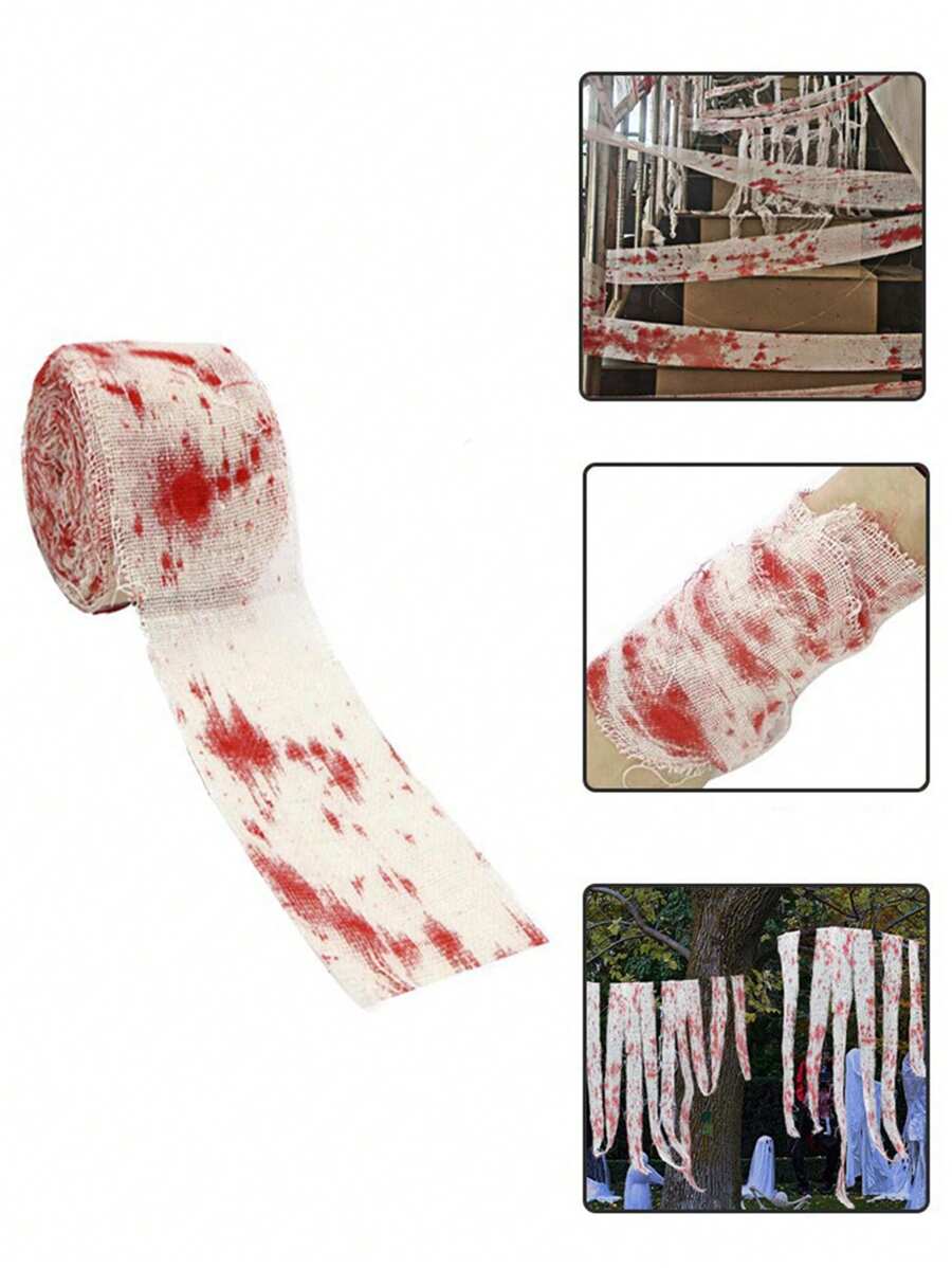1 pieza Cinta de gasa ensangrentada de Halloween, decoración de Halloween aterradora, decoración multifuncional de Halloween para el hogar, la cocina y los festivales, accesorio de disfraz, accesorio de foto de vendaje para decoración de la cara, la cabeza y el brazo (el patrón de manchas de sangre es aleatorio) Decoración del hogar Decoración de otoño Decoración de habitación Decoración de otoño