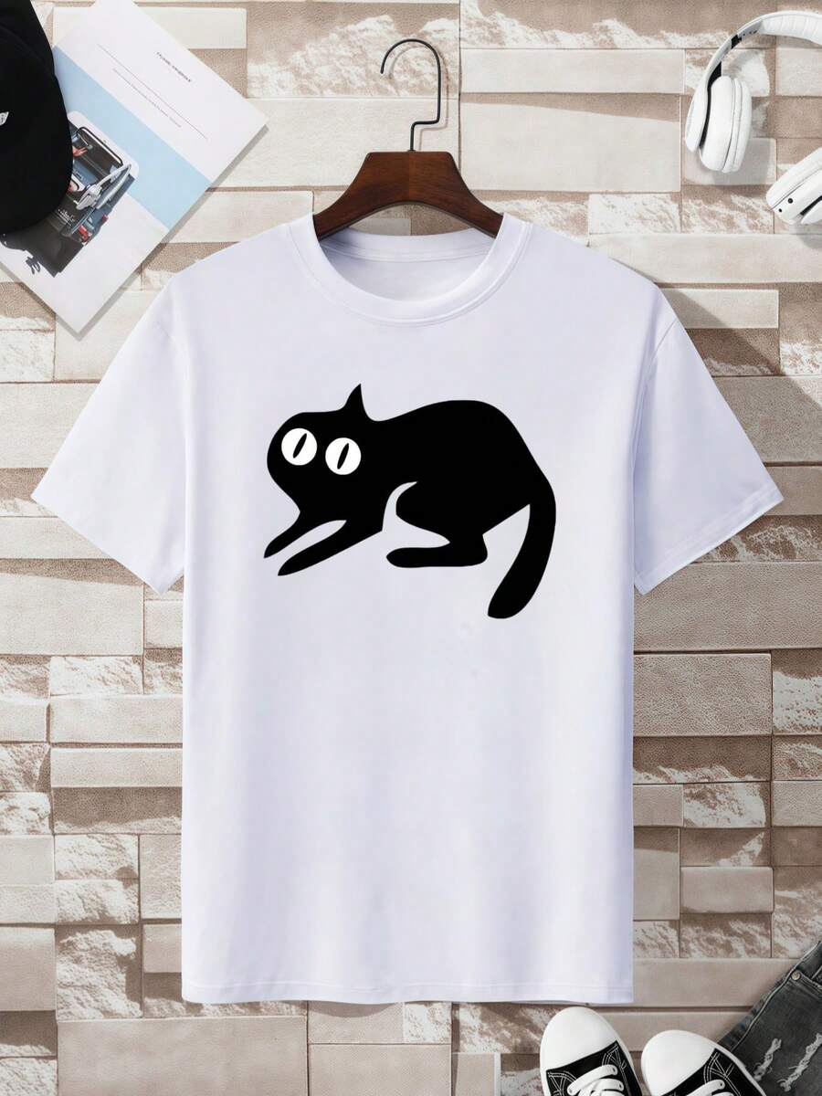 T-shirt con stampa di gatto, t-shirt girocollo da uomo, 220 g/m2, estiva, in puro cotone, manica corta (1 pezzo)