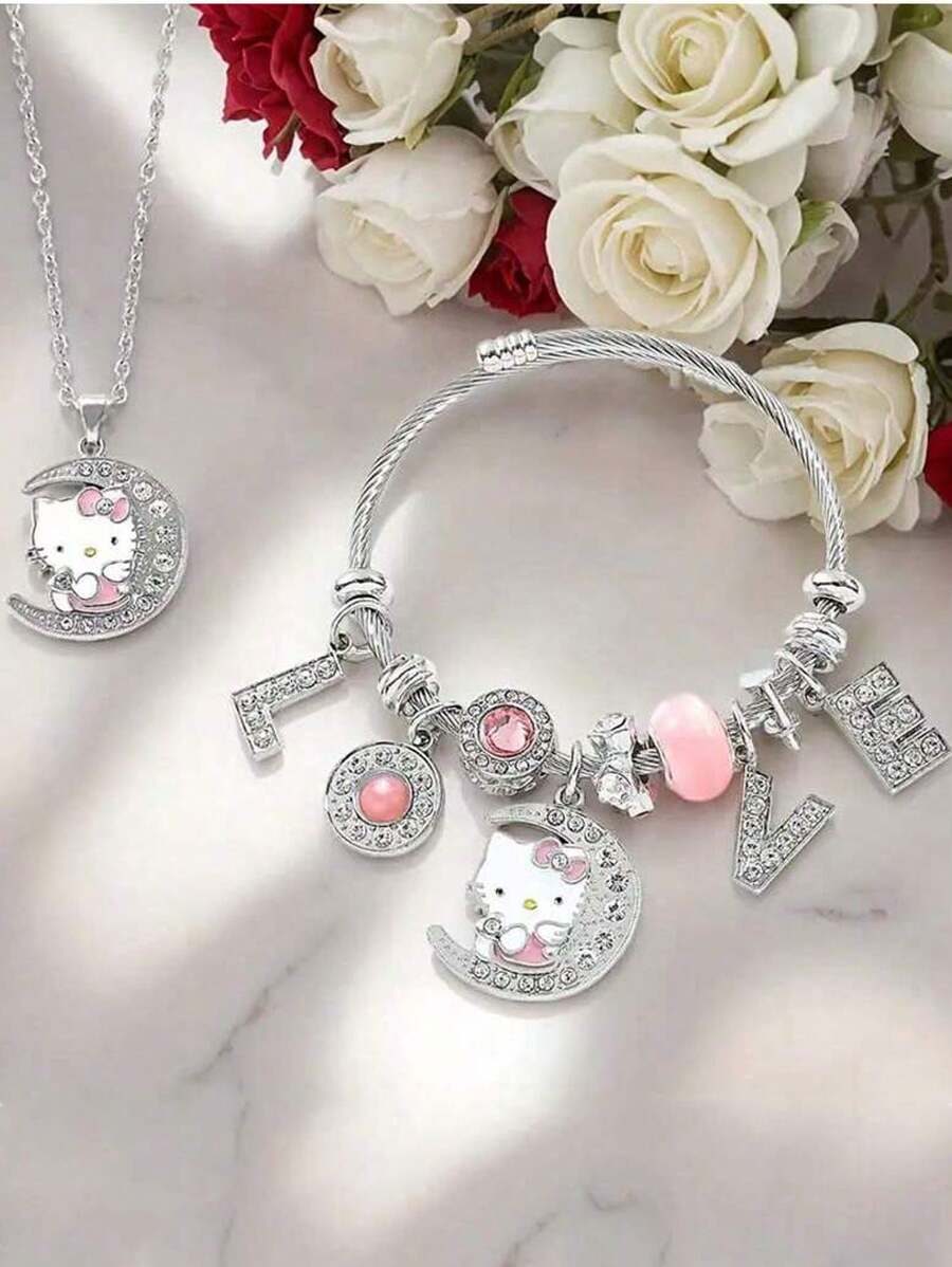 Set di 2 pezzi di gioielli di alta qualità scintillanti in argento - Collana con pendente di Hello Kitty e braccialetto "Love", regalo di San Valentino di per la fidanzata, autorizzato da Sanrio