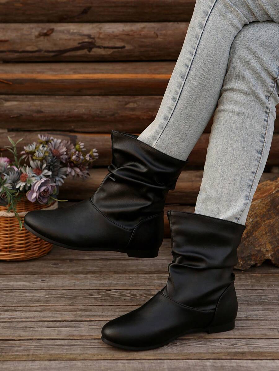 Women Casual Flat Ankle Boots, Retro Solid Color Slip-On Short Boots, Comfortable Outdoor Boots