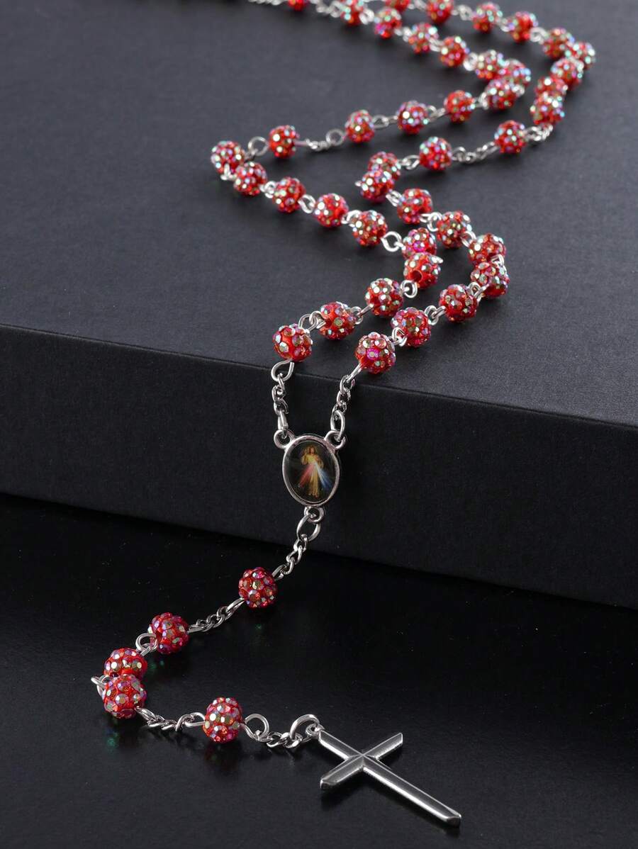 1pc Classic Crystral AB Color 59pcs 6mm Disco Rhinestone Beads Religious Cross Necklace, Catholicism Praver Bead Rosary Jewelry With Cross Pendant