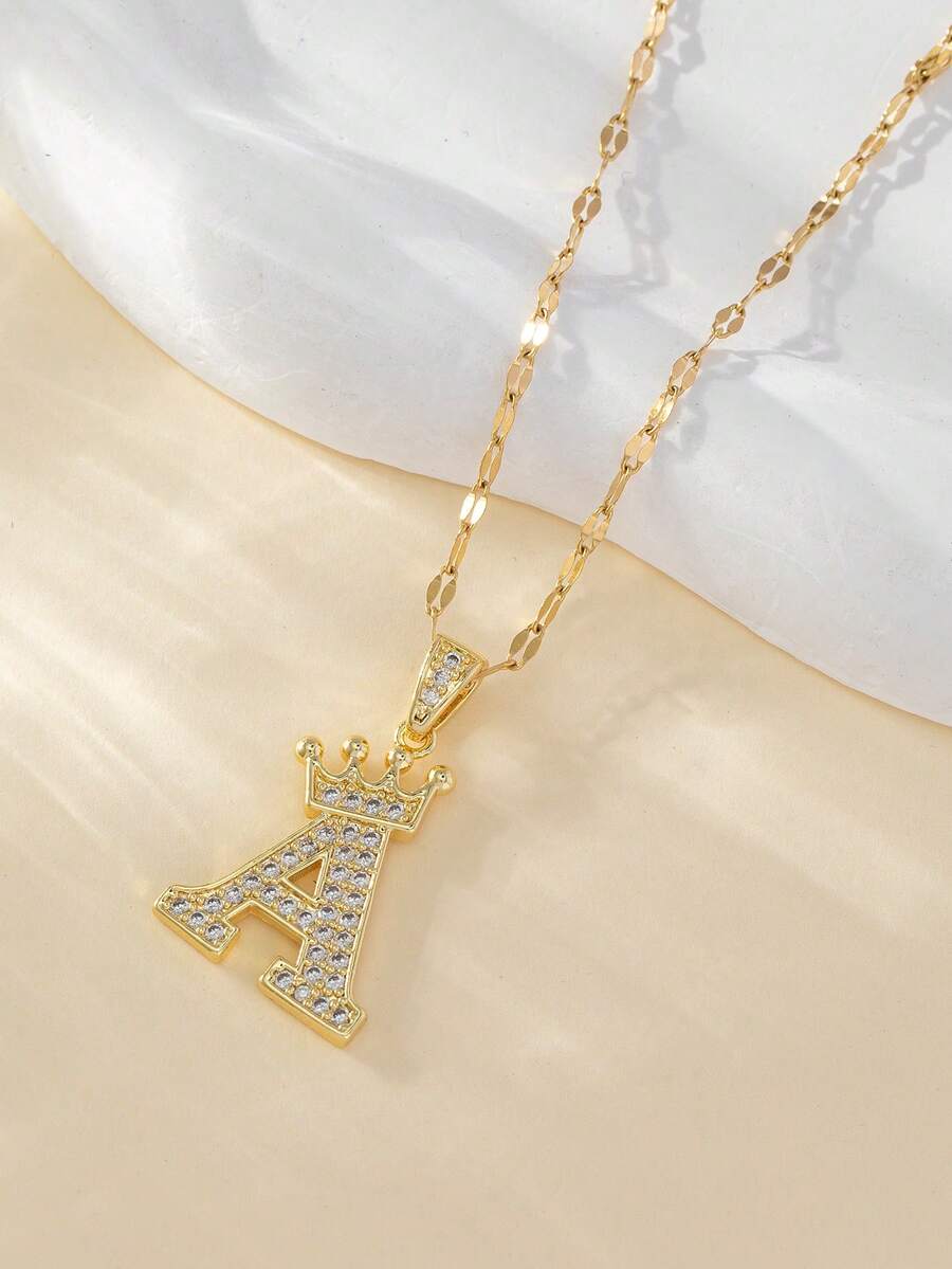 1 pieza Collar con Letra A en Dorado, Material de Cobre con Circonita, Elegante y de Moda, Apropiado para Uso Diario