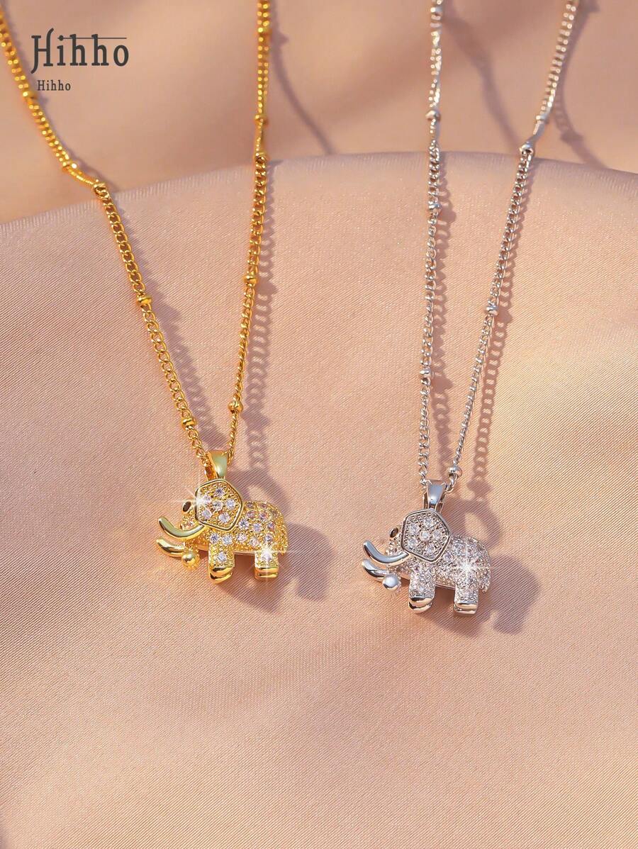 Hihho 1pc Copper Cubic Zirconia Elephant Pendant Necklace - Stainless Steel Chain Plated 18K Gold - Women's Jewelry - Fashionable & Elegant, Suitable As Wife/Lady Gift (Random Number Of Beads On Chain)
