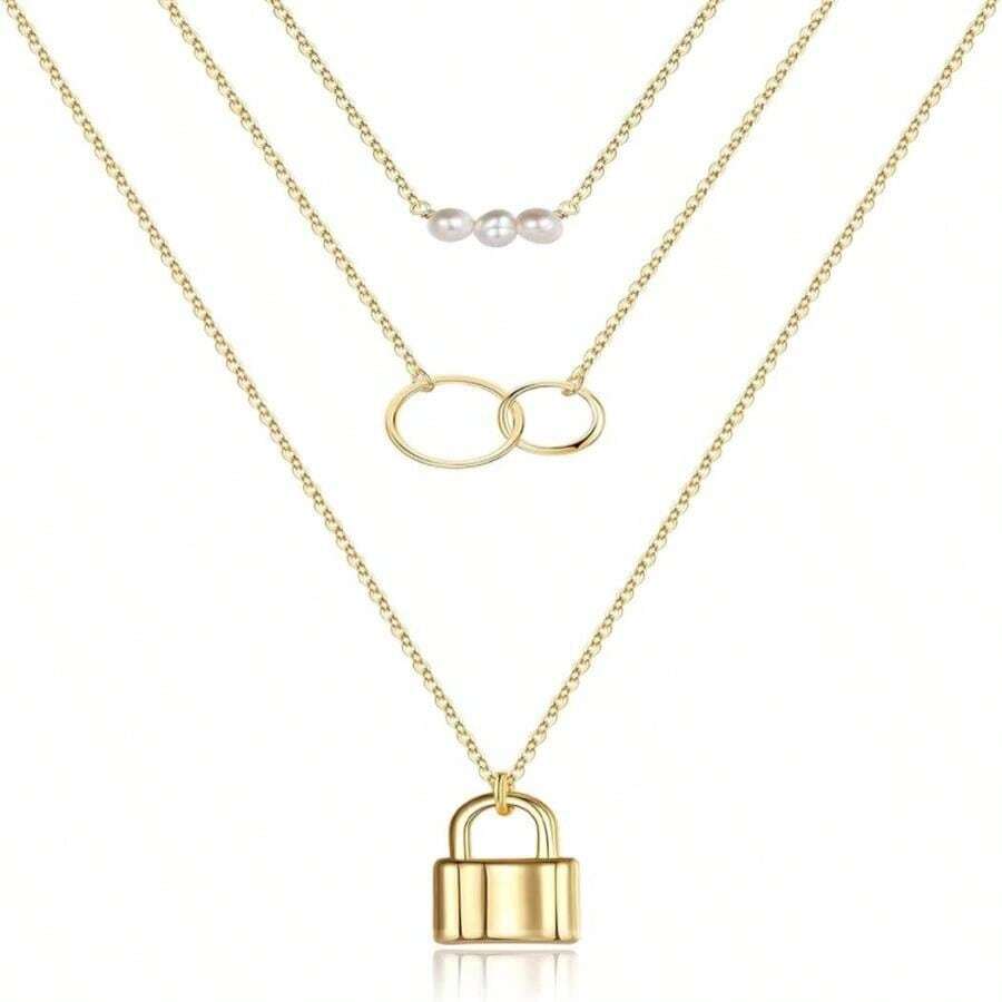 Gold Layered Necklaces For Women - 14K Gold Plated Handmade Multilayer Bar Pearls Coin Disc Moon Butterfly Medallion Adjustable Dainty Layered Choker Necklaces For Women Jewelry