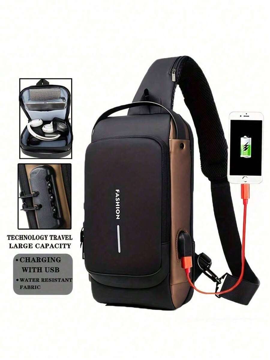 Bolsa Transversal Minimalista e Casual com Estampa de Letra, Estilo de Rua com Desenho de Motocicleta, Bolsa de Ombro Versátil para Homens
