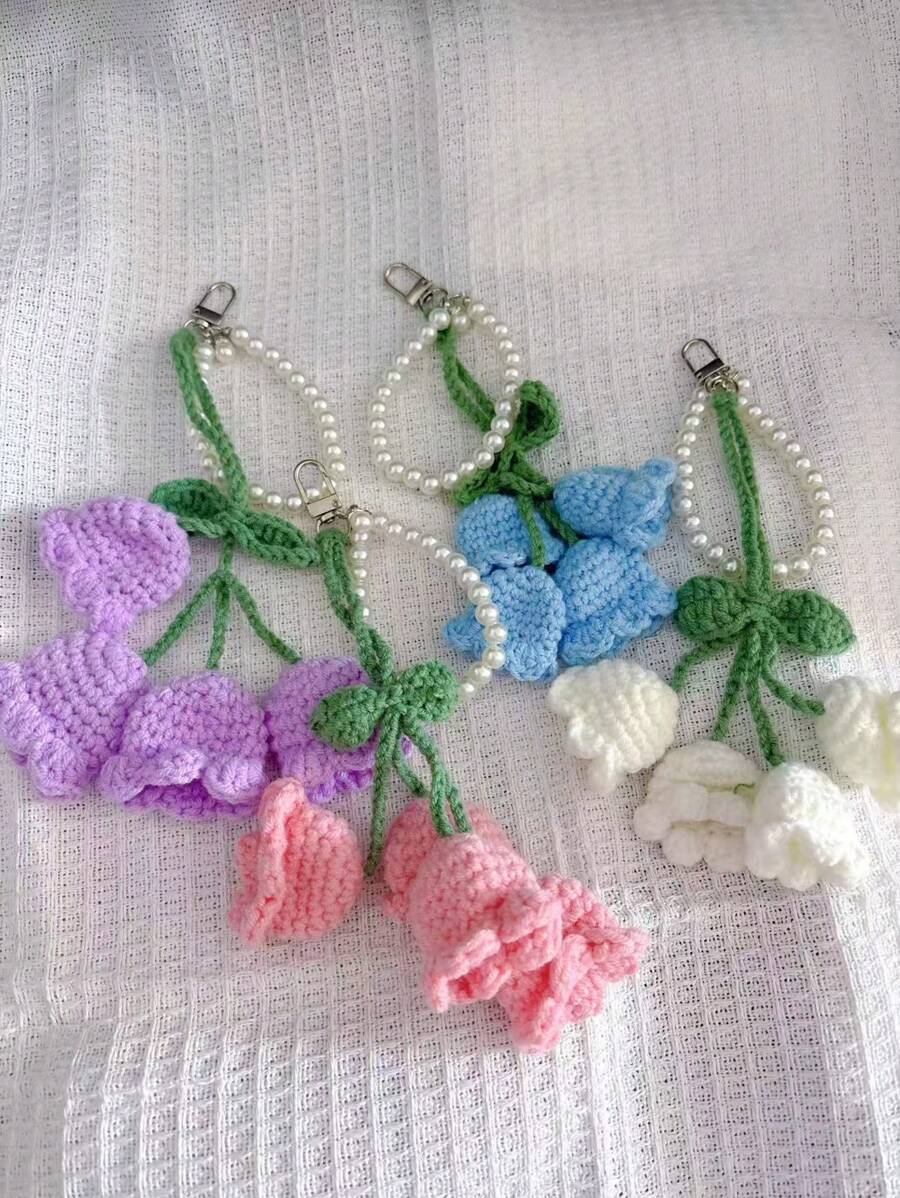 1pc Handmade Crochet Lily Of The Valley Keychain With Pearl Chain, Boho Style Bag Charm, Decorative Pendant For Backpacks Or Bags, Unique Birthday Gift Or Party Favor, 22cm (8.66 Inches) Length, Floral Design In Pastel Colors, Crochet Flowers