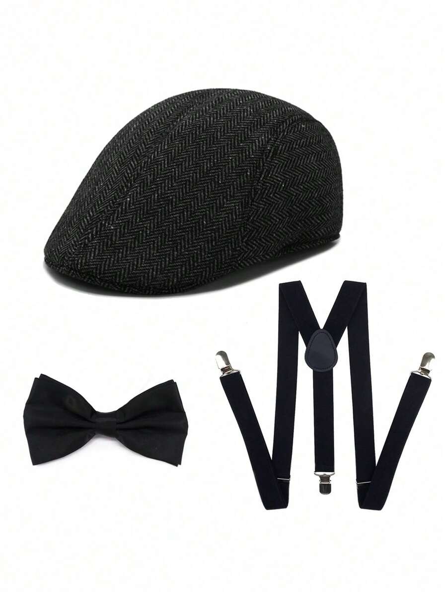 Nouveau style de mode gentleman, ensemble de 3 pièces pour performance sur scène, fête à thème : béret, bretelles, nœud papillon. Halloween