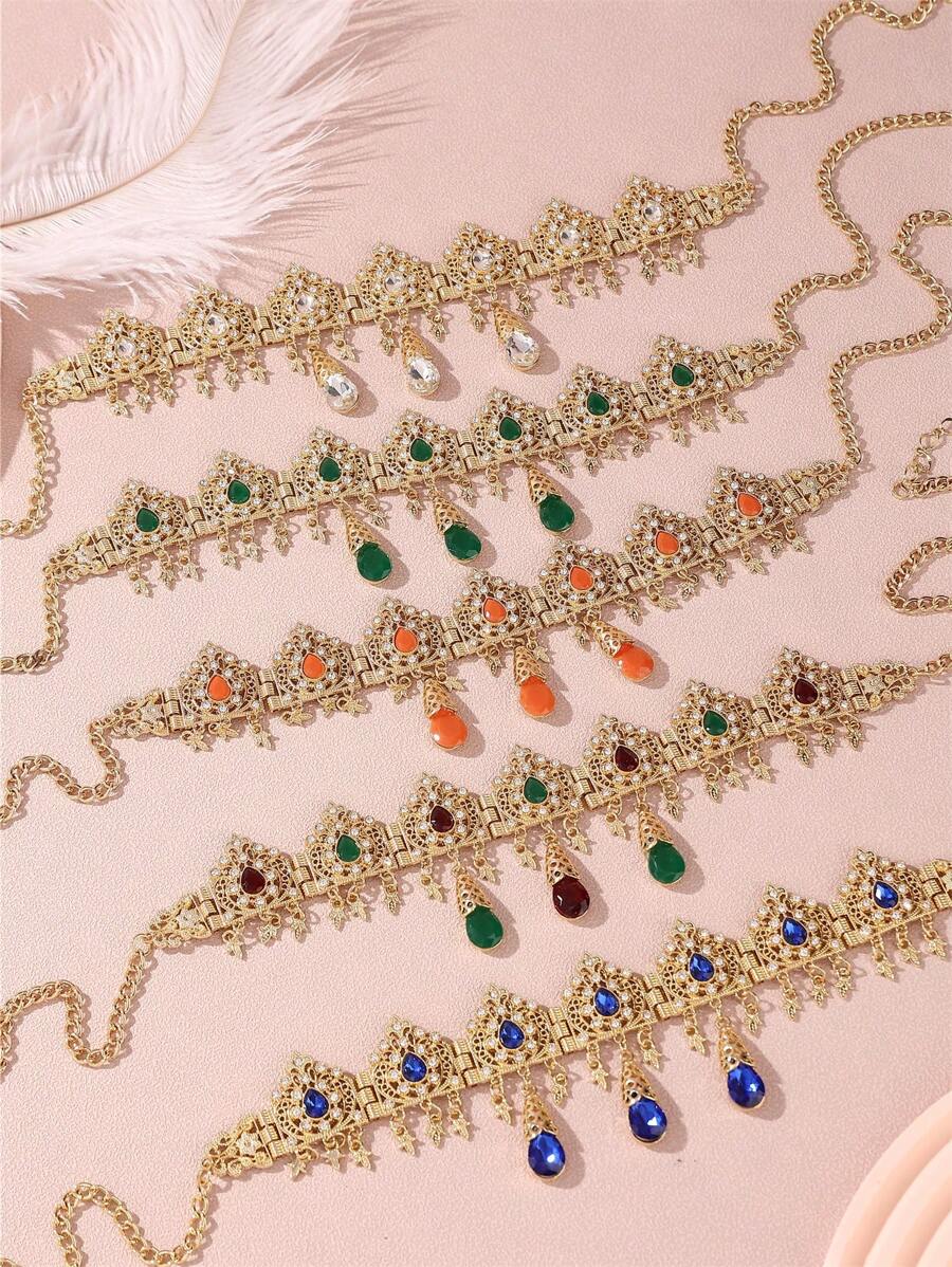 1 pièce Collier chaîne pour la tête en alliage de pierre gemme pendentif en forme de goutte d'eau rétro pour femmes, convient pour les mariages et les fêtes en tant que collier et coiffe