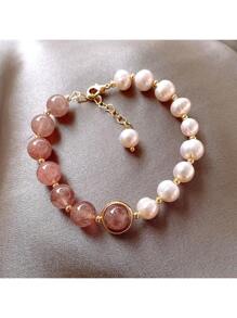 15 Strawberry Crystal Freshwater Pearl Bracelet-gold