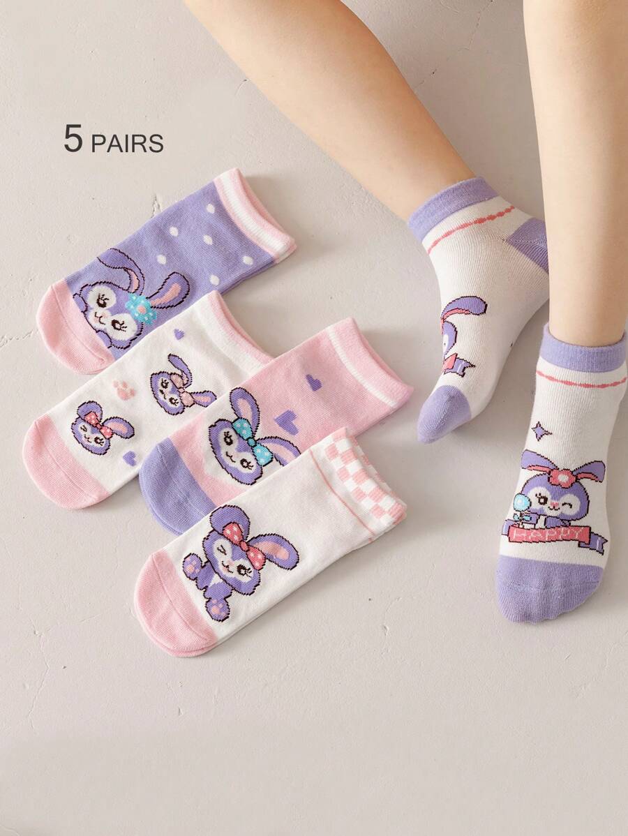 Disney 5 Pairs Girls/Kids Casual Cartoon Socks, Purple Tone Rabbit, Heart, Bowknot Patterns, Cute Style, Ankle Socks, Suitable For Students Daily, Back To School Season, All Season