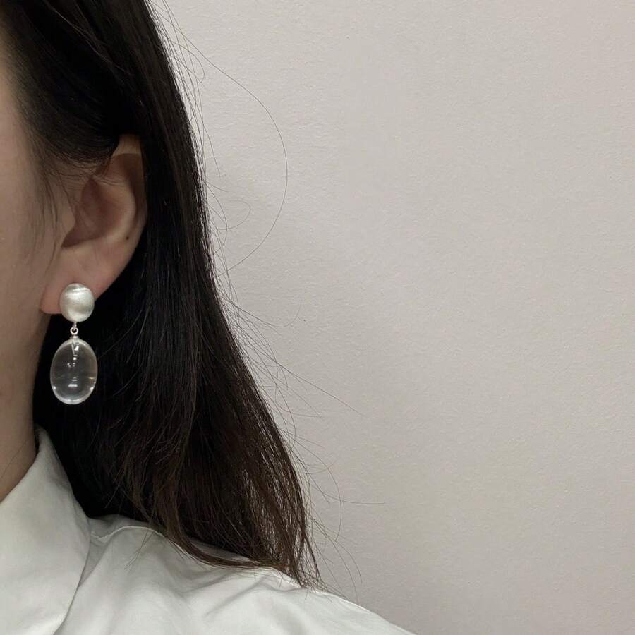1 Pair Oval Resin Drop Earrings, Vintage French Textured Metal Ball And Teardrop Earrings, Fashionable