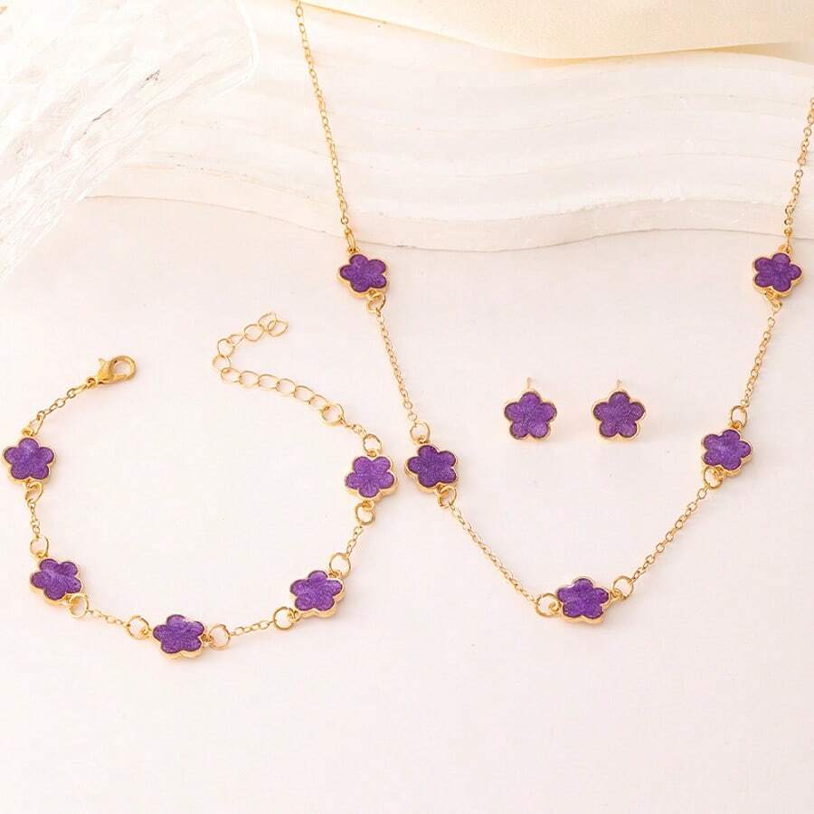 4 Piece Five-Leaf Grass Jewelry Set Ladies Temperament Retro Style Drop Oil Lucky Flower Necklace Bracelet Bracelet Earrings Jewelry Valentine's Day Gift