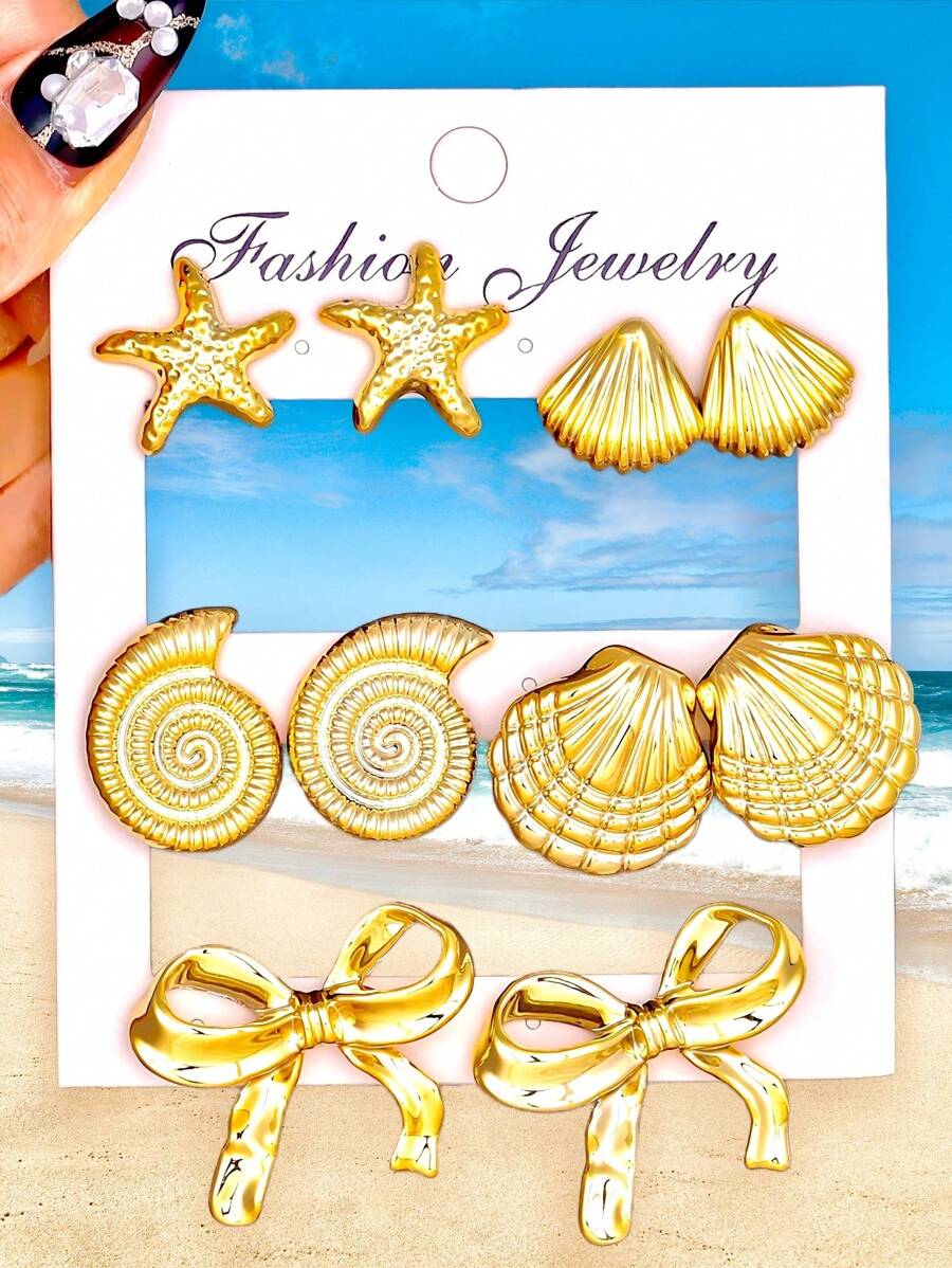 2pcs-10pcs/Set Seashell, Starfish, Bowknot Stud Earrings Set, Summer Ocean Style Earrings, Suitable As Gifts For Family And Friends, Beach Vacation, Holiday Blessings, Women's Daily Accessories