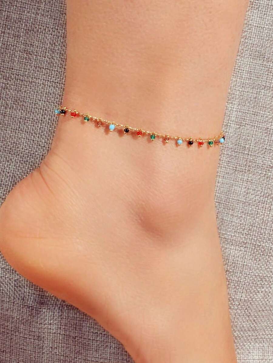 1 pezzo Cavigliera decorata con gemme colorate, accessorio versatile di moda per uso quotidiano, spiaggia, abbigliamento da resort