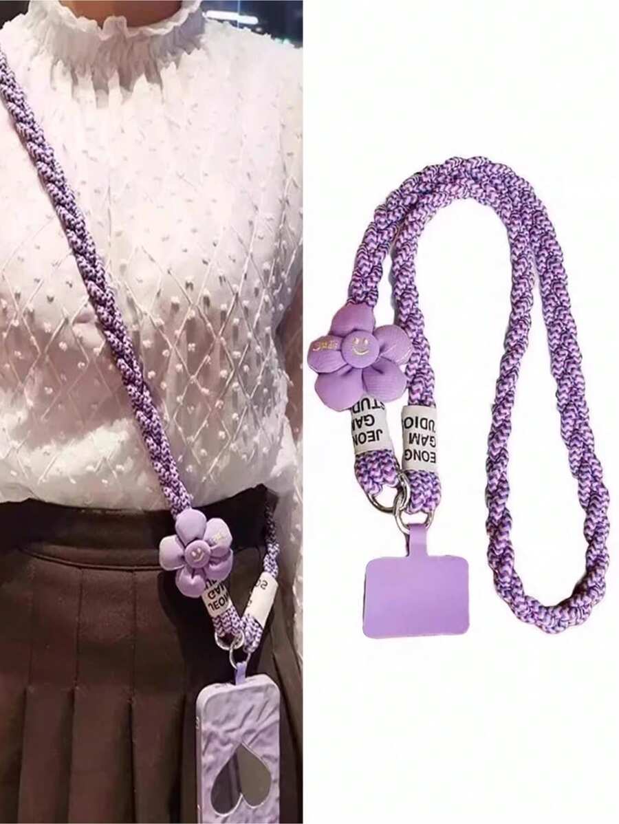 1pc Flower Braided Phone Lanyard Strap, Long Detachable Shoulder Strap For Outdoor Use, Sturdy Anti-Lost Strap With Bead Decoration, Comes With Pad