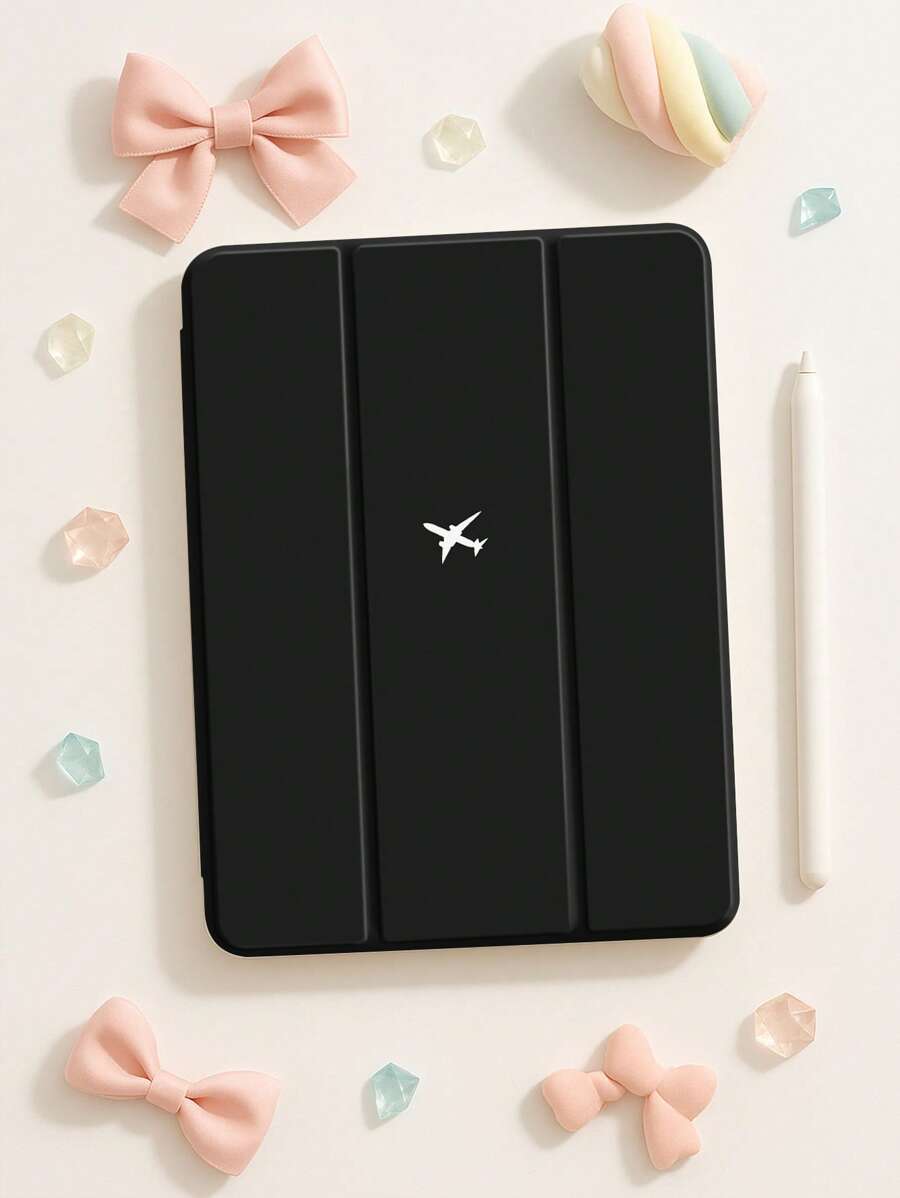 Airplane 1pc Minimalist Black Background Plane Pattern Silicone Shock Proof Tablet Protective Case With Pen Slot, Compatible With Multiple IPad Models, Holiday/Birthday Gift