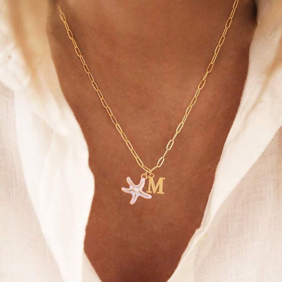 1pc New Fashion Star Fish Initial Pendant Golden Stainless Steel Paper Clip Chain Necklace For Women Summer Beach Jewelry