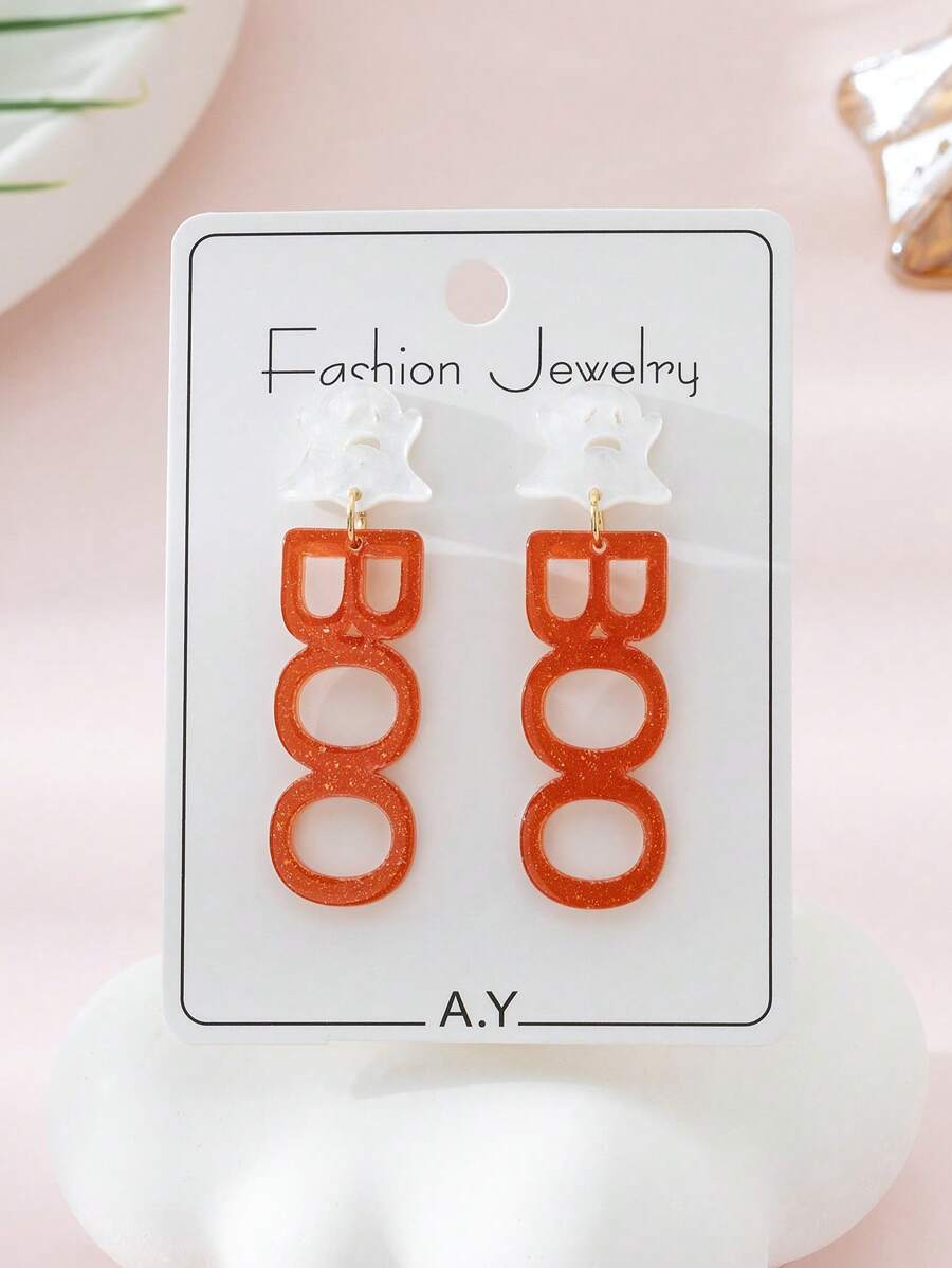 1 par de brincos de acrílico com fantasma assustador de Halloween e letras brilhantes "BOO" com design de joias da moda para mulheres
