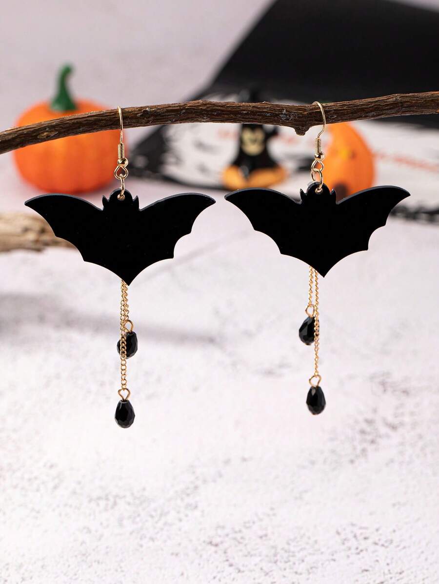 1 par de aretes con borlas en forma de murciélago negro de acrílico, aretes creativos de Halloween