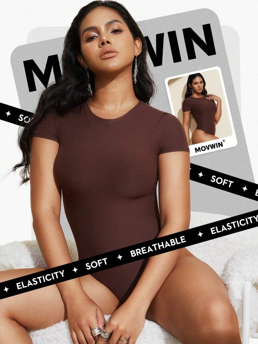 1pc Women's Waist Cinching Seamless Bodysuit, Black Round Neck Short Sleeve Sexy Thong Shapewear