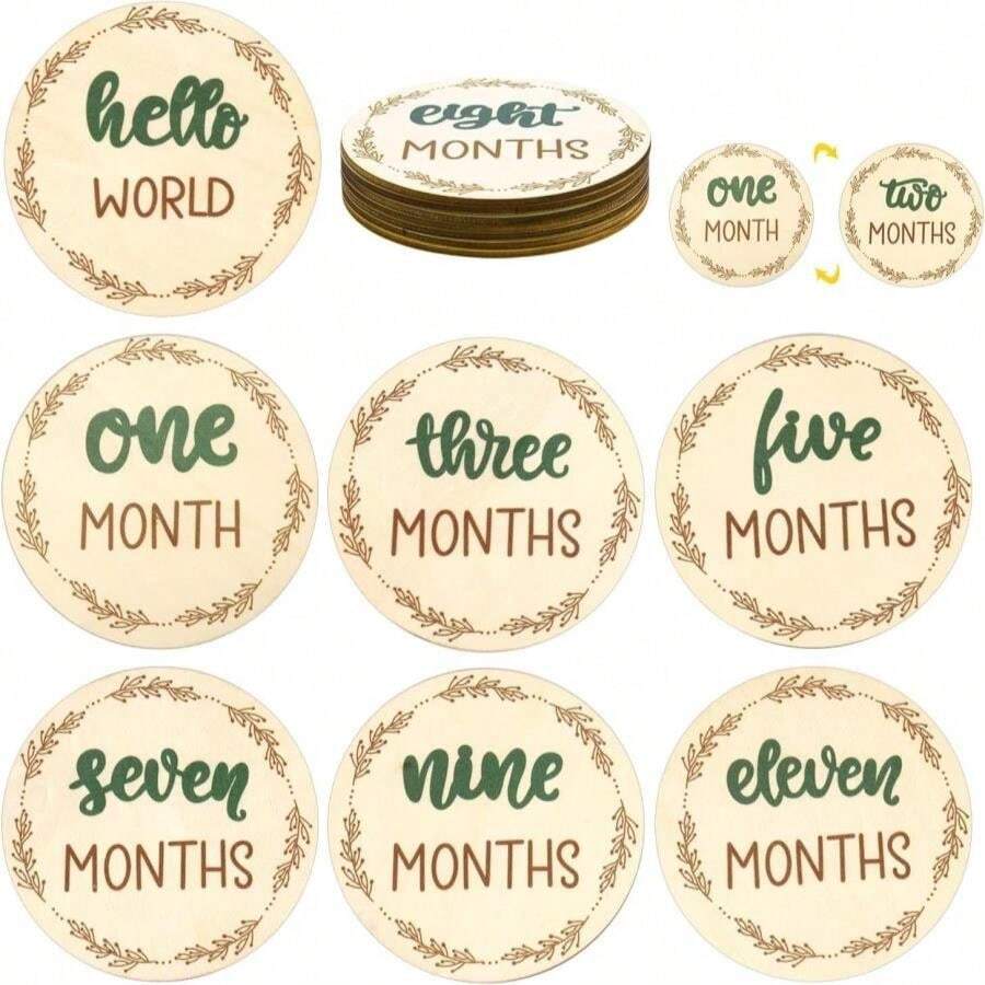 7pcs Wooden Baby Monthly Milestone Cards, Baby Months Signs Double-Sided Baby Growth Signs Monthly Discs Monthly Photo Props Monthly Markers For Baby Practical Supplies To Record Growth