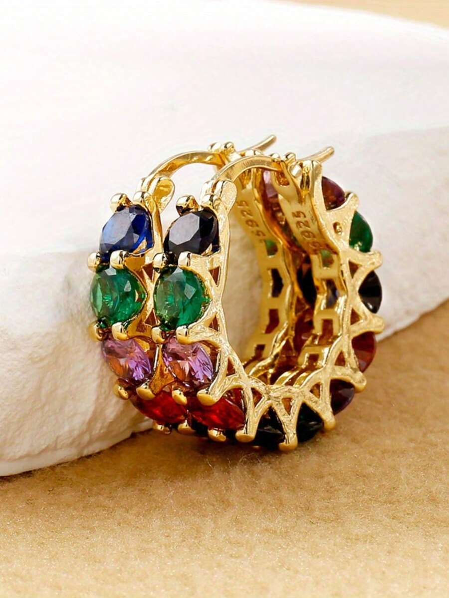 Damen Luxus Geometrische Kreis Ohrringe - Goldfarbenes Kupfer, eingelegte farbige kubische Zirkonia Steine, Nickel-frei und hypoallergen, geeignet für Partys, Hochzeiten, Lässig Outfits - Elegantes Geschenk für sie, einzigartige Ohrringe