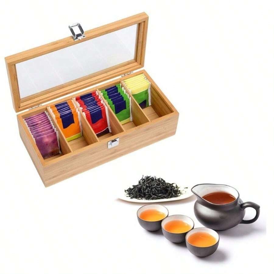 Nordic Style Tea Bar Organizer | 5-Compartment Bamboo Storage Box | Tea Bag & Coffee Capsule Dual-Use + Moisture-Proof Drawer | Home Coffee Corner Organizing Set