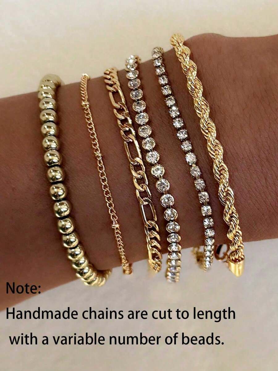 6 pièces Ensemble de bracelets multicouches avec strass étincelants et perles pour femmes, bijoux de mode convenant pour le quotidien, les fêtes, les déplacements, faits à la main avec une tolérance de 1-3 cm