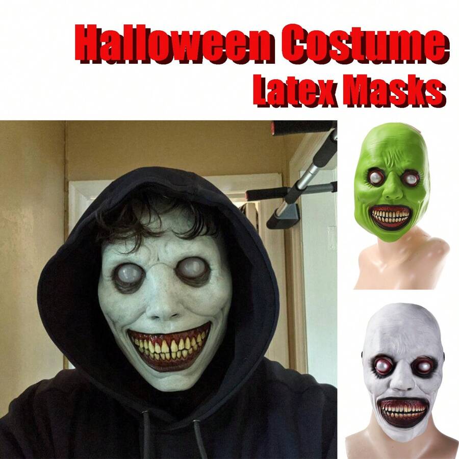 1 Stück Halloween Maske aus natürlichem Latex, wiederverwendbar, mit weißen Augen und lächelndem Ausdruck, skurrile Latex-Maske, unheimliche Maske, Party Rollenspiel Kostümzubehör, Feiertagsparty Verkleidung Requisiten