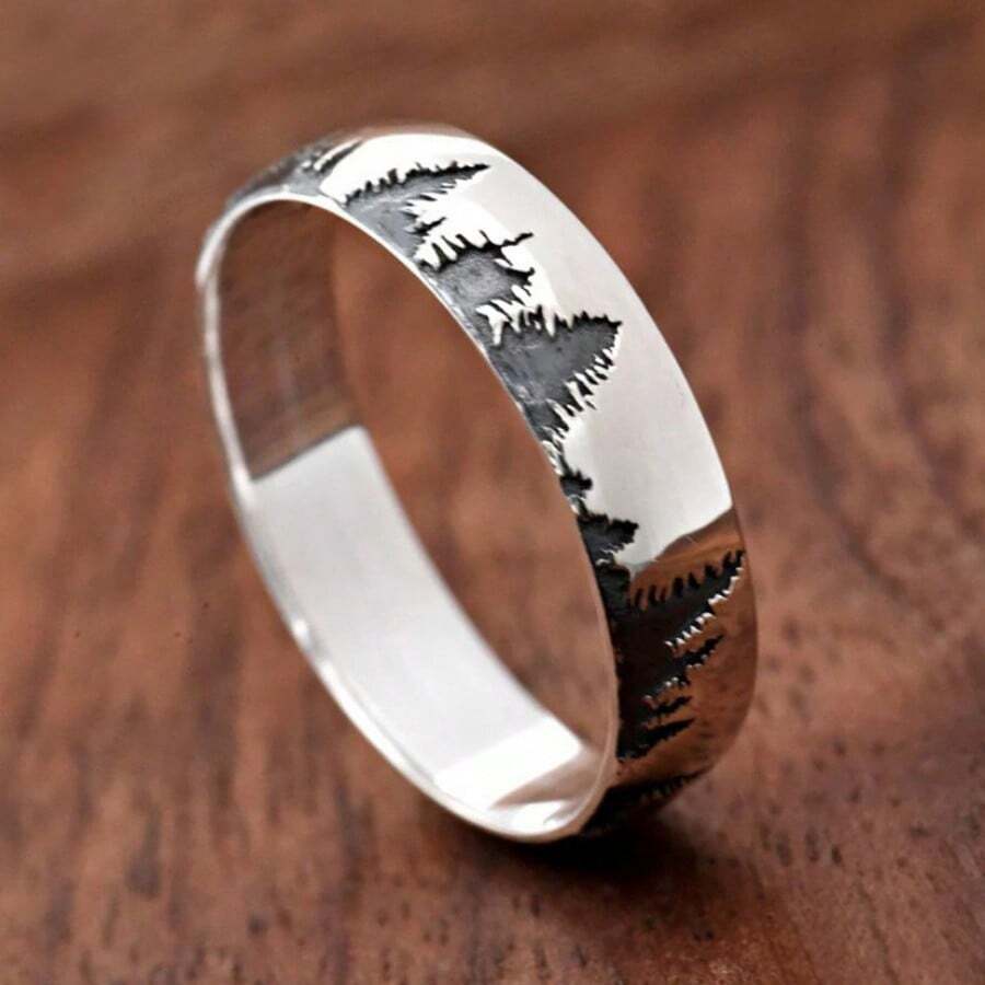 1 Peça Anel Entalhado com Floresta Vintage de Aço Inoxidável, Banda Prateada Entalhada em Árvore de 6mm de Largura, Unissex, Uso em Todas as Estações, Ideal para Ocasiões Diárias e de Festa
