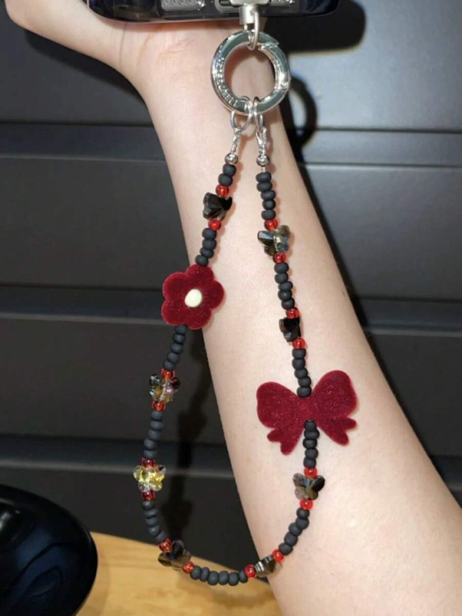 Cordón para teléfono con cuentas de rosa gótica oscura, elegante cadena para teléfono, llavero o bolso con cuentas